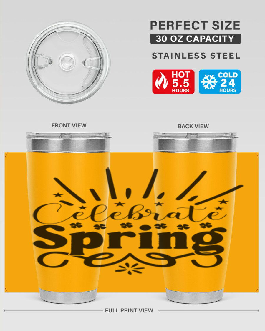 Celebrate Spring 20oz Tumbler made of stainless steel with a vibrant spring design, featuring a drink-thru lid.
