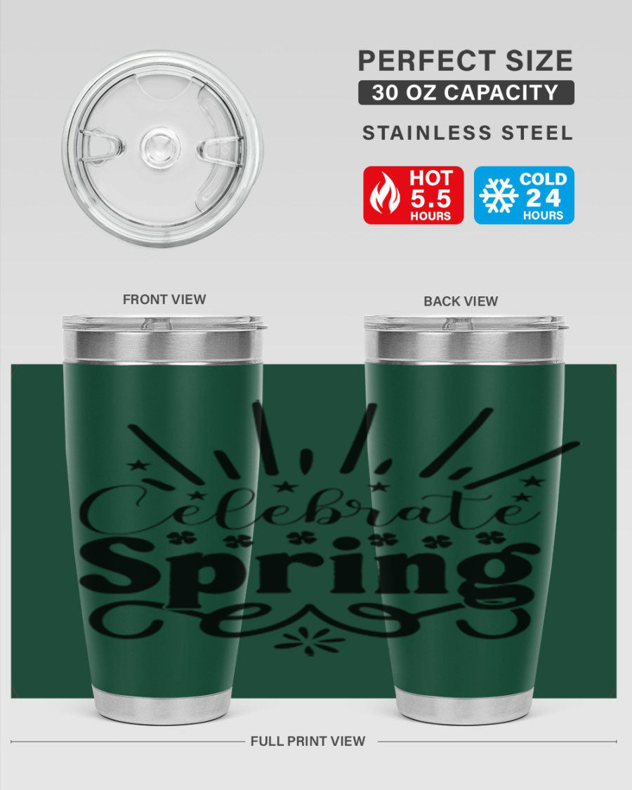 Celebrate Spring 20oz Tumbler made of stainless steel with a vibrant spring design, featuring a drink-thru lid.