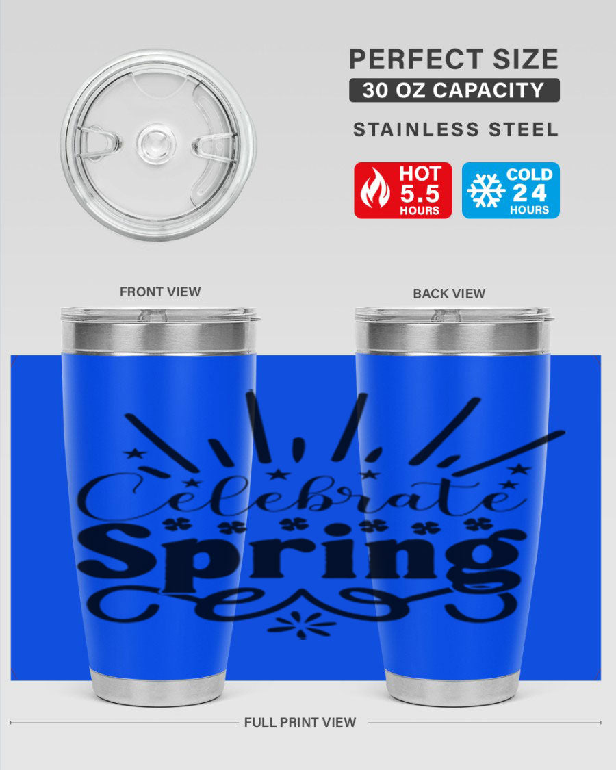 Celebrate Spring 20oz Tumbler made of stainless steel with a vibrant spring design, featuring a drink-thru lid.
