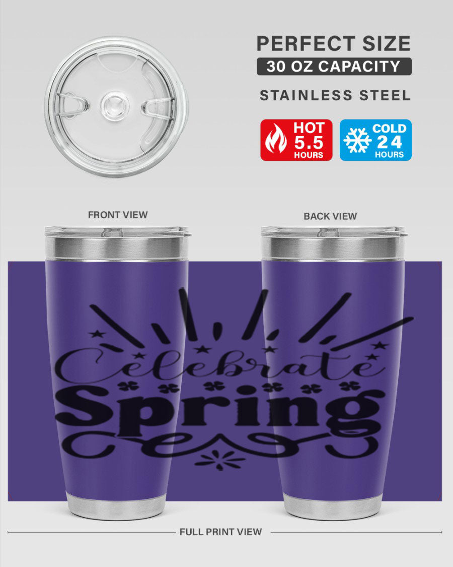 Celebrate Spring 20oz Tumbler made of stainless steel with a vibrant spring design, featuring a drink-thru lid.