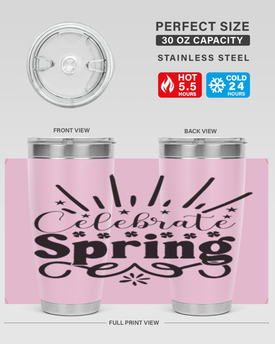 Celebrate Spring 20oz Tumbler made of stainless steel with a vibrant spring design, featuring a drink-thru lid.
