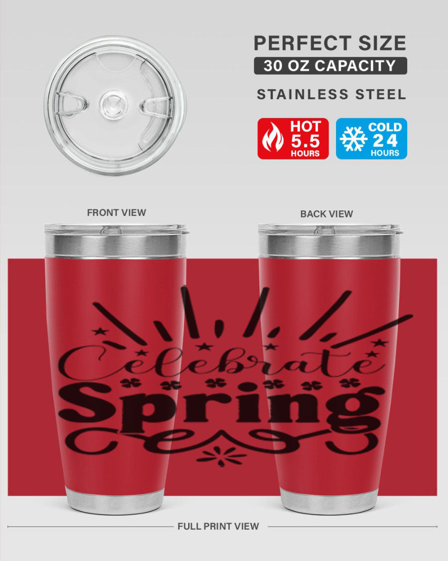 Celebrate Spring 20oz Tumbler made of stainless steel with a vibrant spring design, featuring a drink-thru lid.