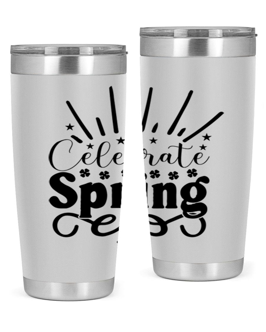 Celebrate Spring 20oz Tumbler made of stainless steel with a vibrant spring design, featuring a drink-thru lid.