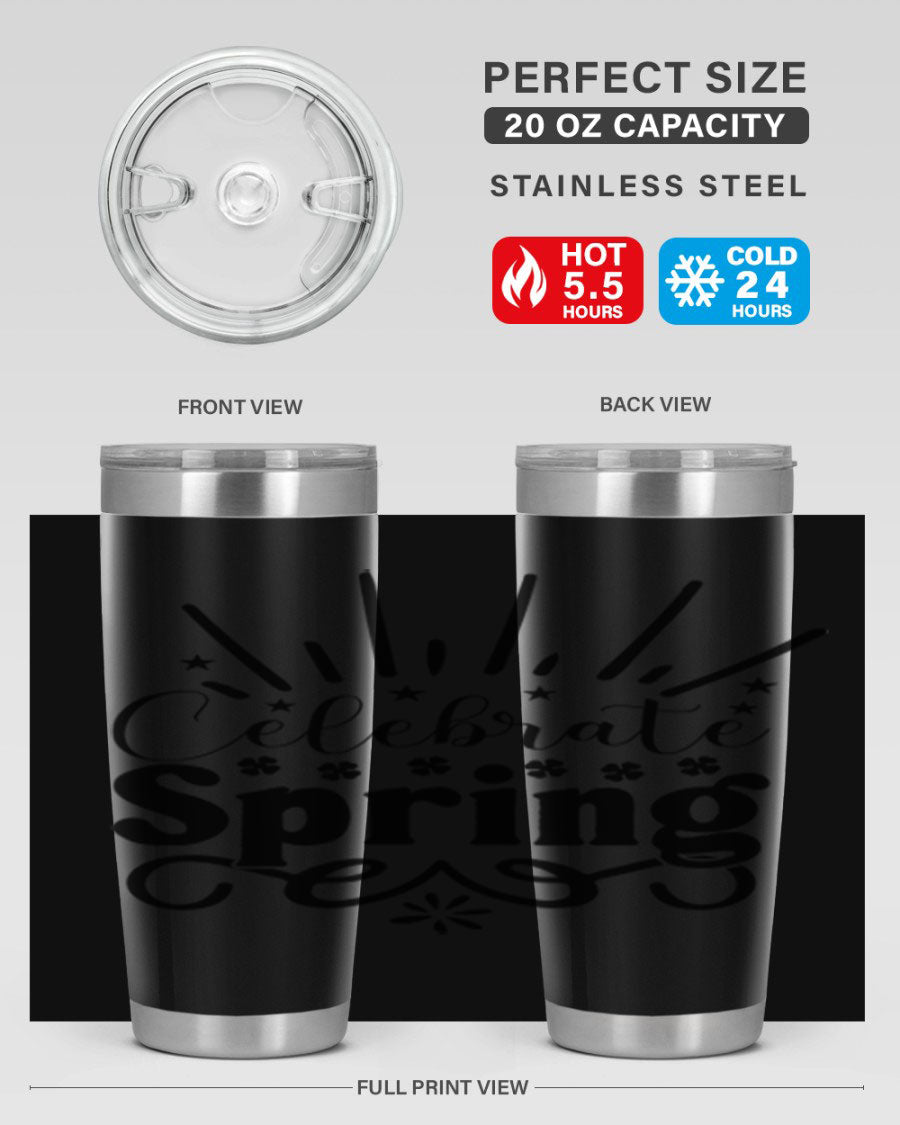 Celebrate Spring 20oz Tumbler made of stainless steel with a vibrant spring design, featuring a drink-thru lid.