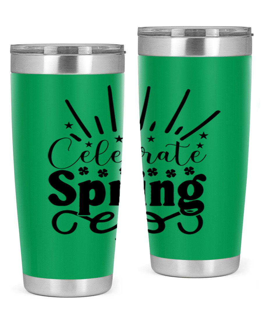 Celebrate Spring 20oz Tumbler made of stainless steel with a vibrant spring design, featuring a drink-thru lid.