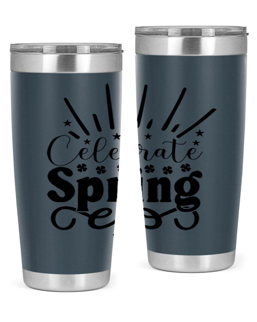 Celebrate Spring 20oz Tumbler made of stainless steel with a vibrant spring design, featuring a drink-thru lid.