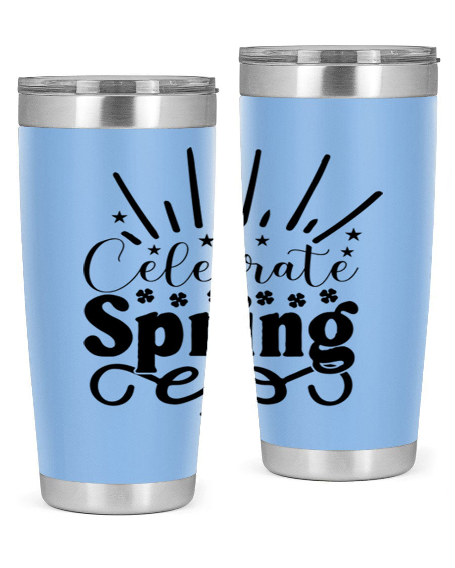 Celebrate Spring 20oz Tumbler made of stainless steel with a vibrant spring design, featuring a drink-thru lid.