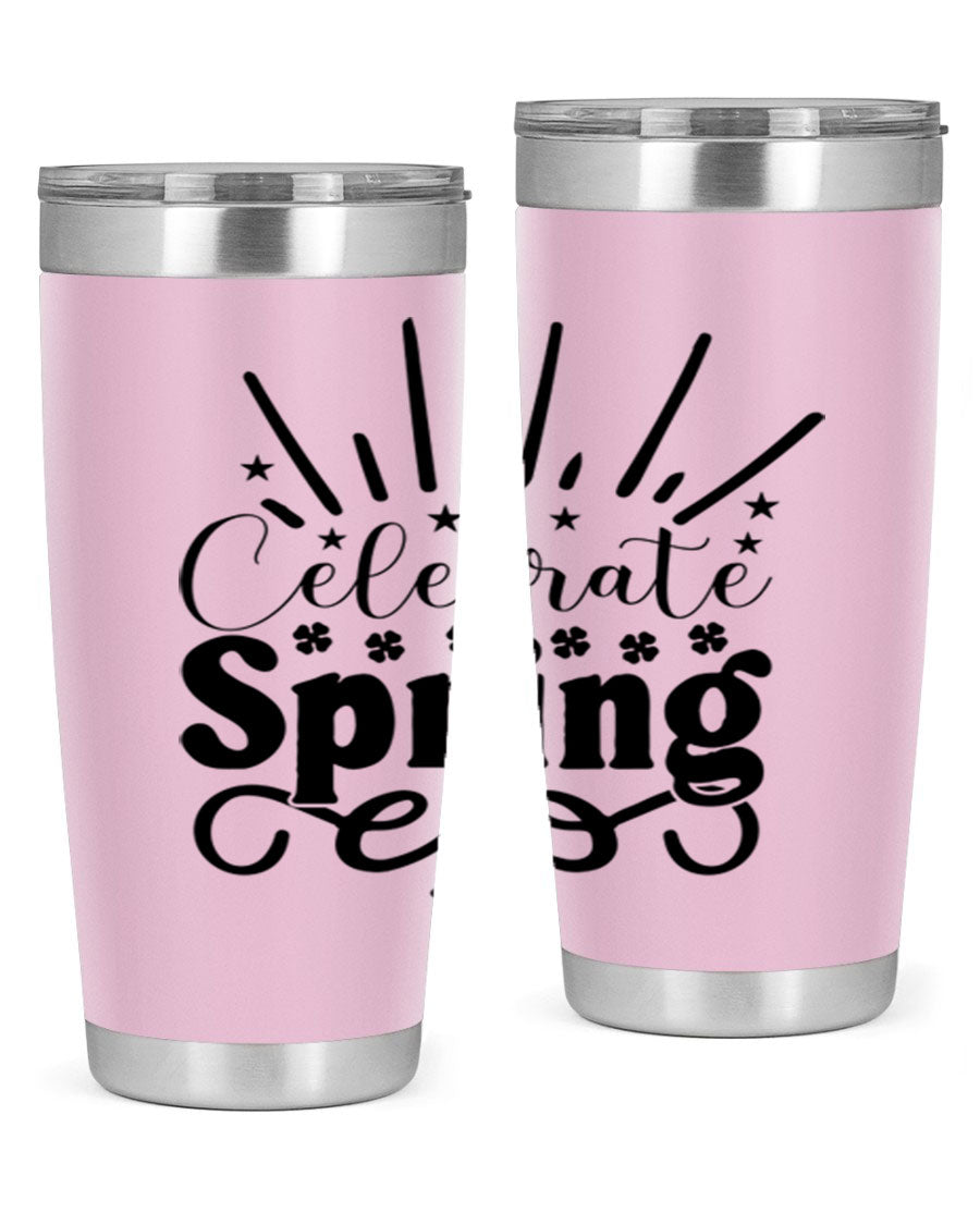 Celebrate Spring 20oz Tumbler made of stainless steel with a vibrant spring design, featuring a drink-thru lid.