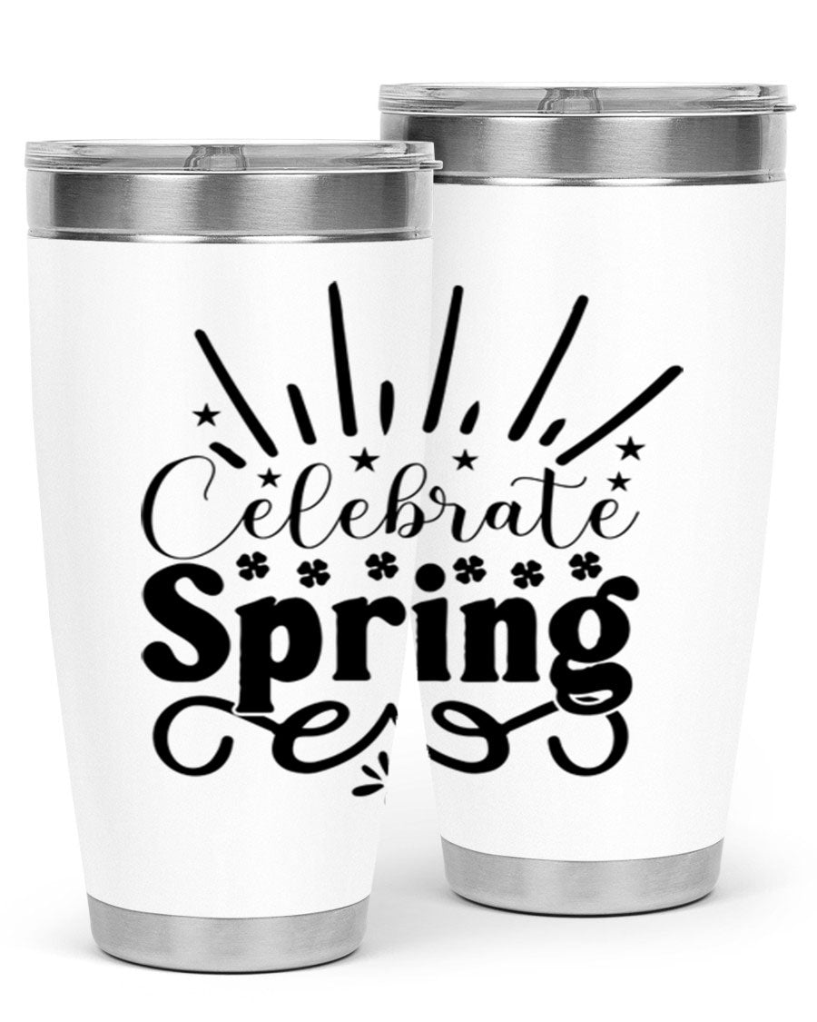 Celebrate Spring 20oz Tumbler made of stainless steel with a vibrant spring design, featuring a drink-thru lid.