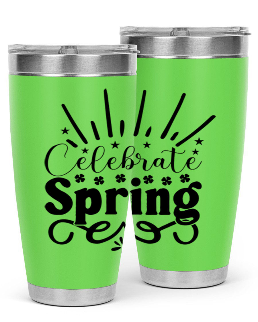 Celebrate Spring 20oz Tumbler made of stainless steel with a vibrant spring design, featuring a drink-thru lid.