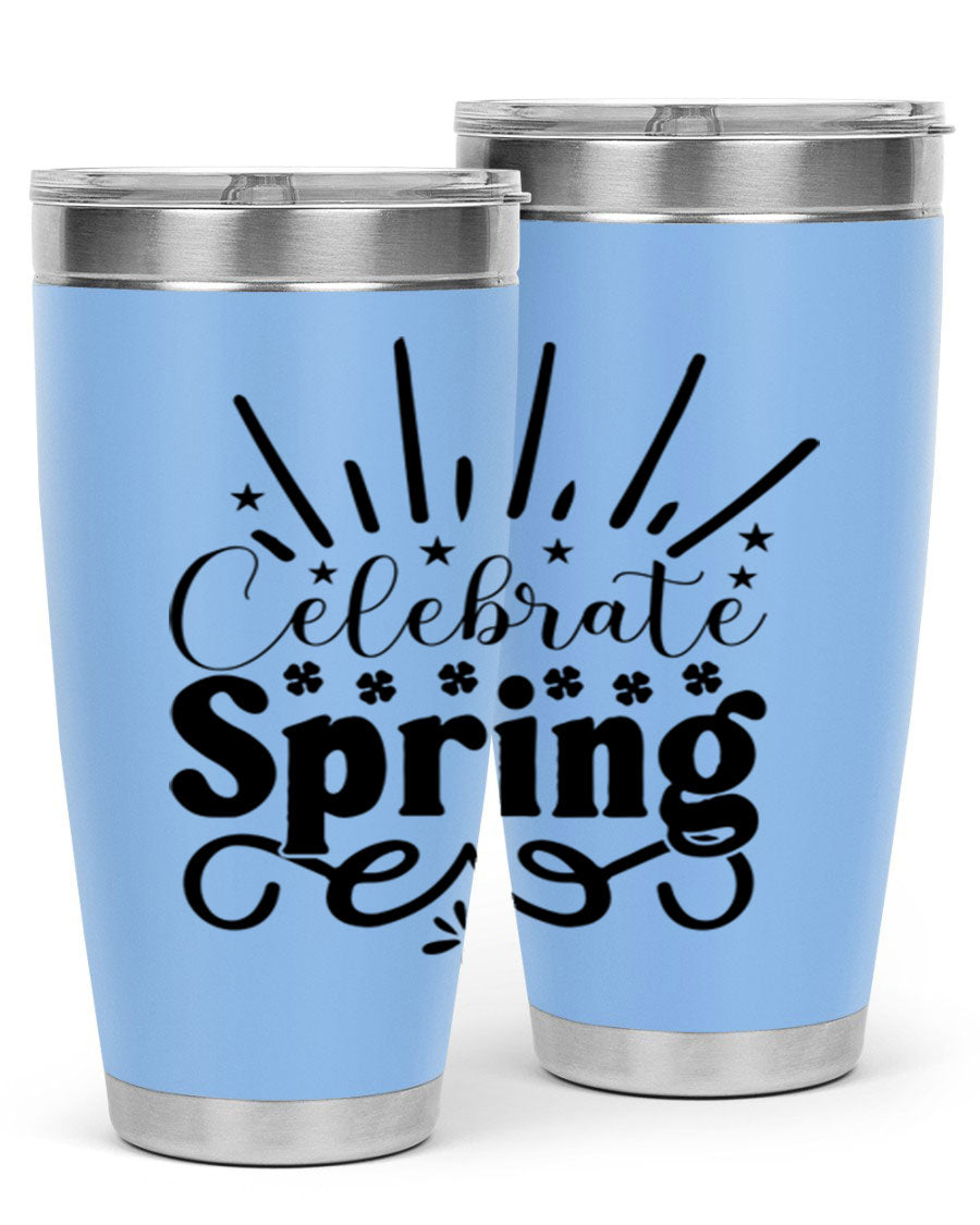 Celebrate Spring 20oz Tumbler made of stainless steel with a vibrant spring design, featuring a drink-thru lid.