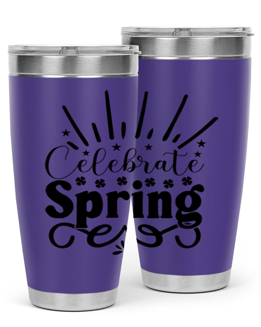 Celebrate Spring 20oz Tumbler made of stainless steel with a vibrant spring design, featuring a drink-thru lid.