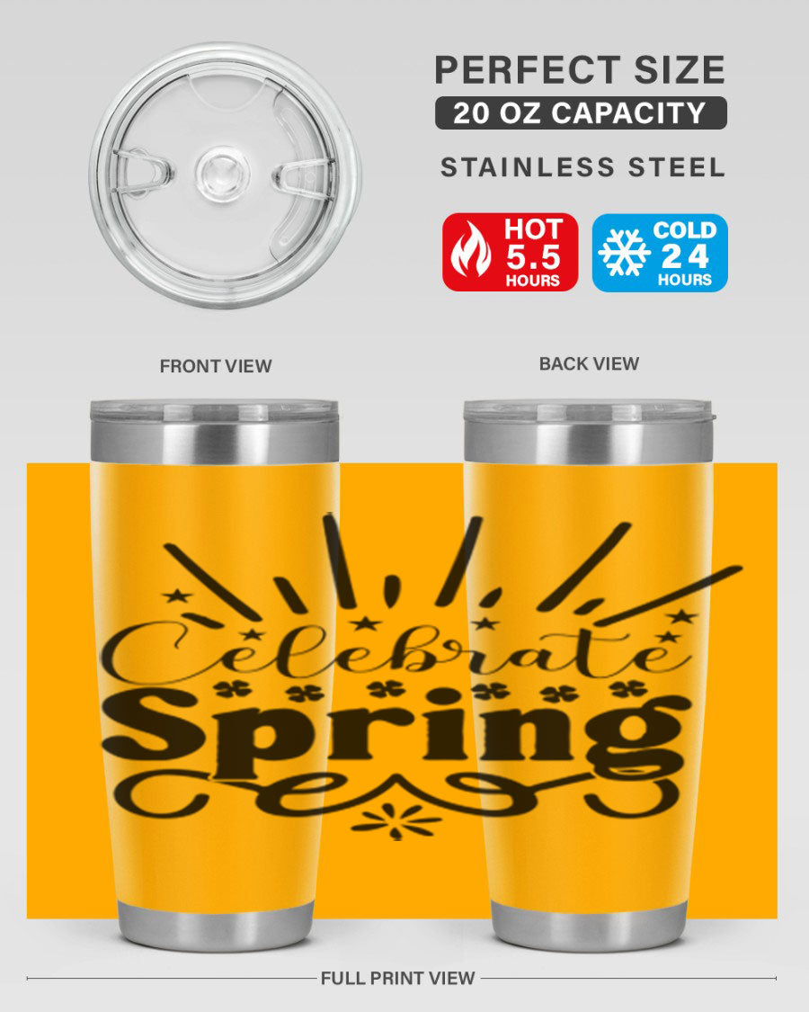 Celebrate Spring 20oz Tumbler made of stainless steel with a vibrant spring design, featuring a drink-thru lid.