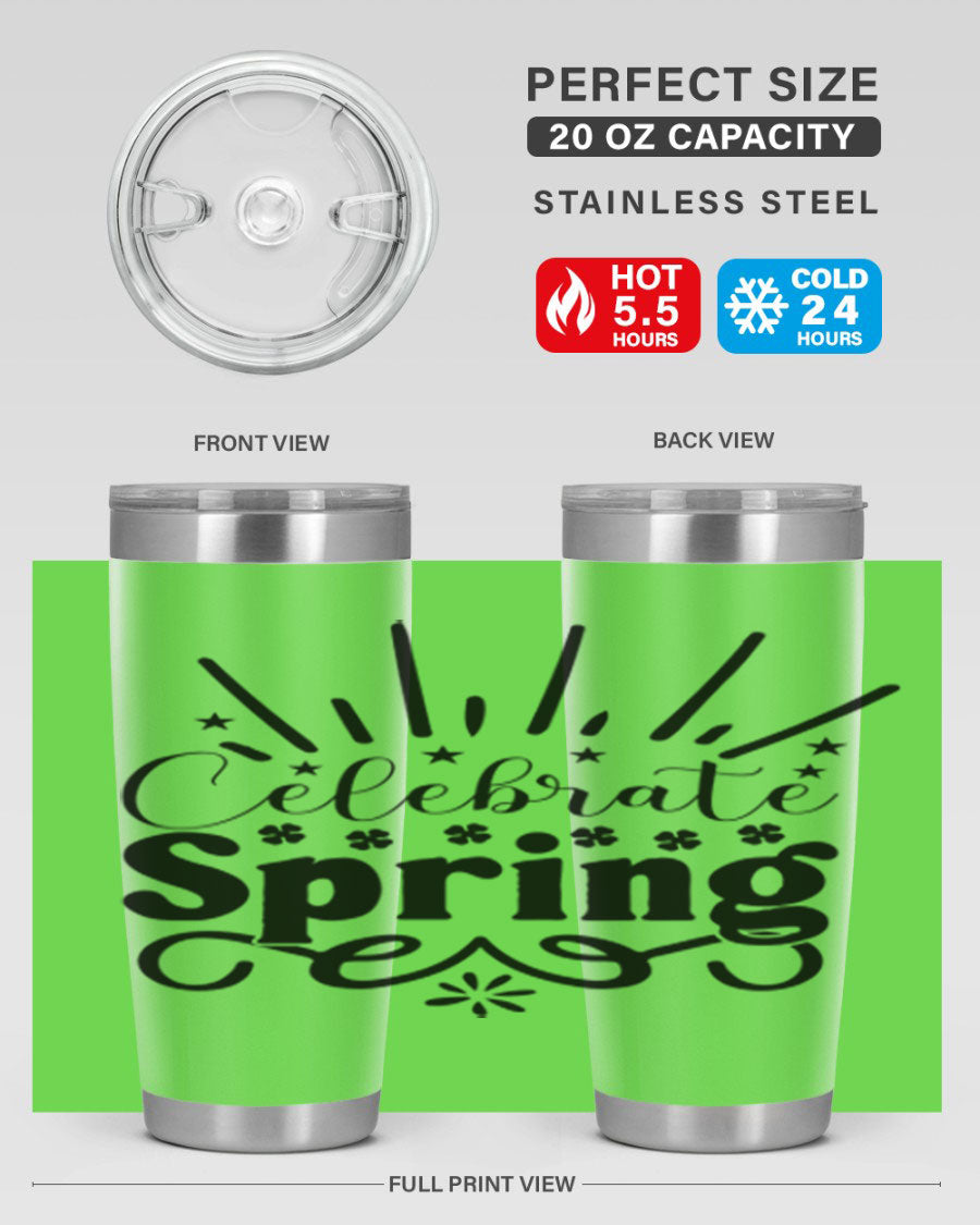 Celebrate Spring 20oz Tumbler made of stainless steel with a vibrant spring design, featuring a drink-thru lid.
