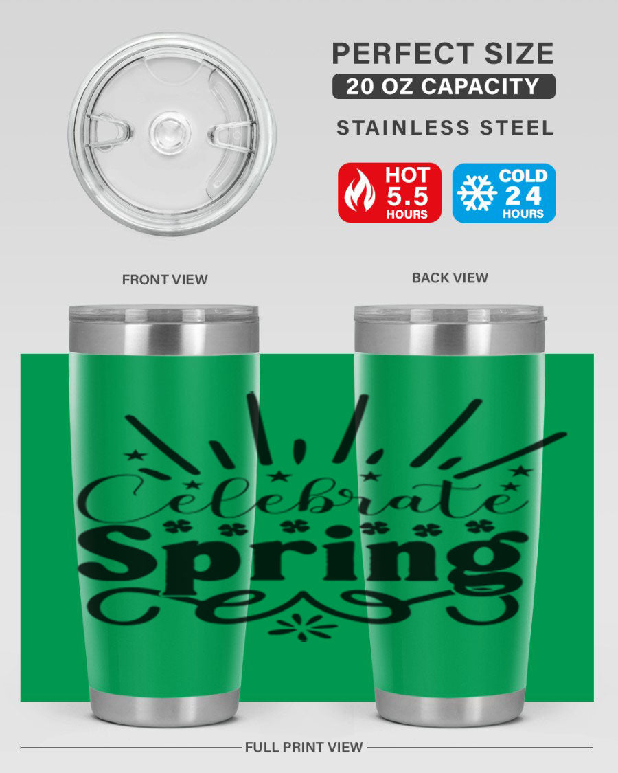 Celebrate Spring 20oz Tumbler made of stainless steel with a vibrant spring design, featuring a drink-thru lid.