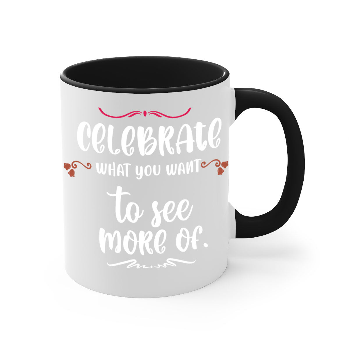 Celebrate What You Want to See More Of Style 86# Christmas Mug with a glossy finish, colored handle, and interior, available in multiple colors.