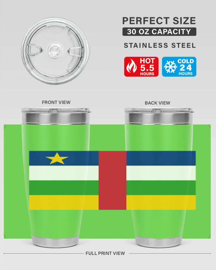 Central African Republic 20oz tumbler featuring double wall vacuum stainless steel design with a vibrant flag print.