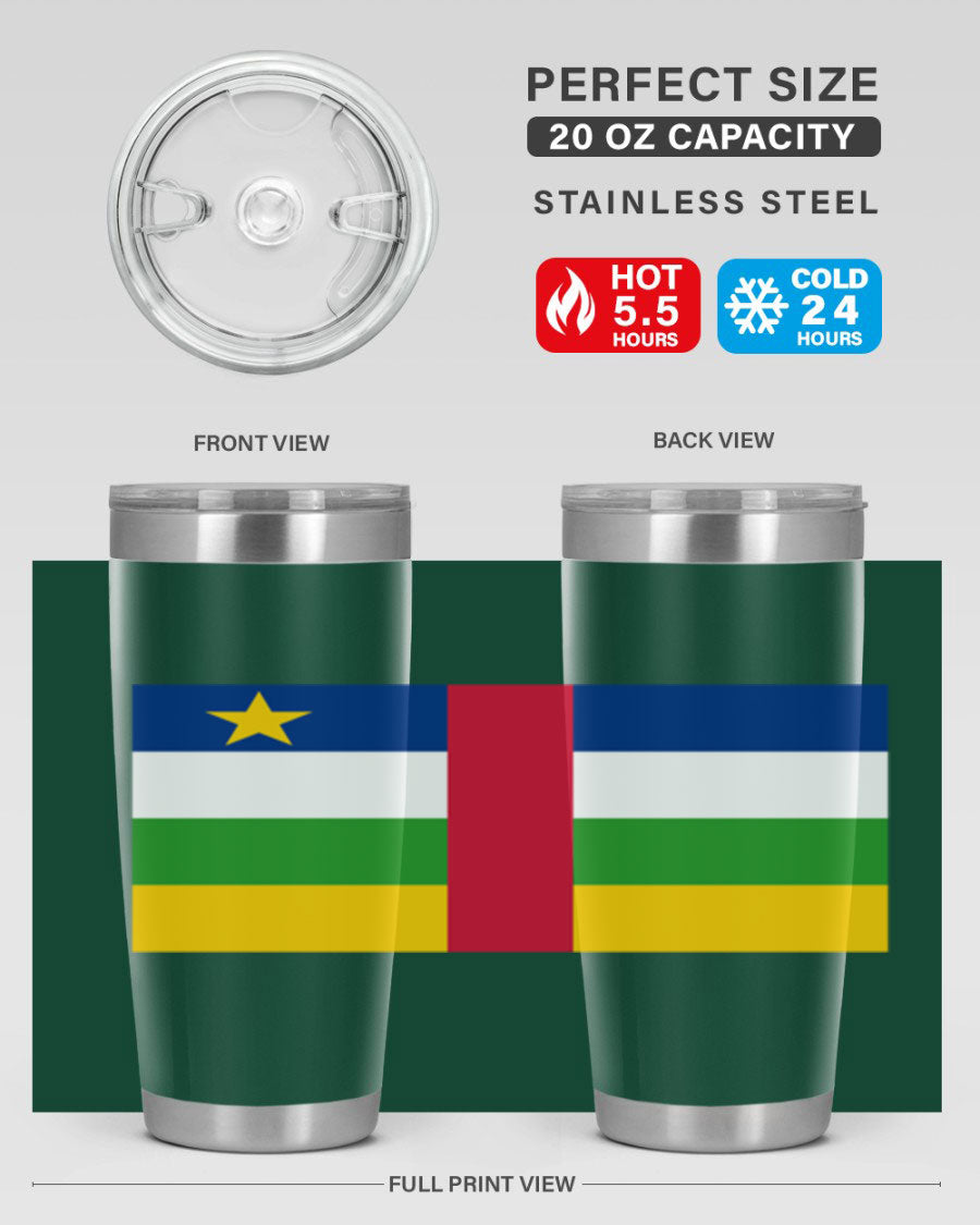 Central African Republic 20oz tumbler featuring double wall vacuum stainless steel design with a vibrant flag print.