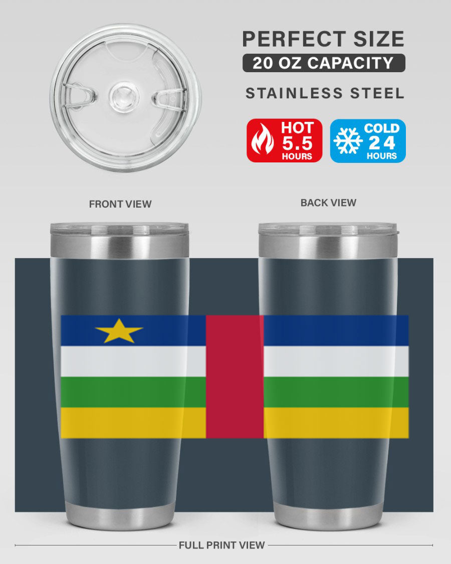 Central African Republic 20oz tumbler featuring double wall vacuum stainless steel design with a vibrant flag print.