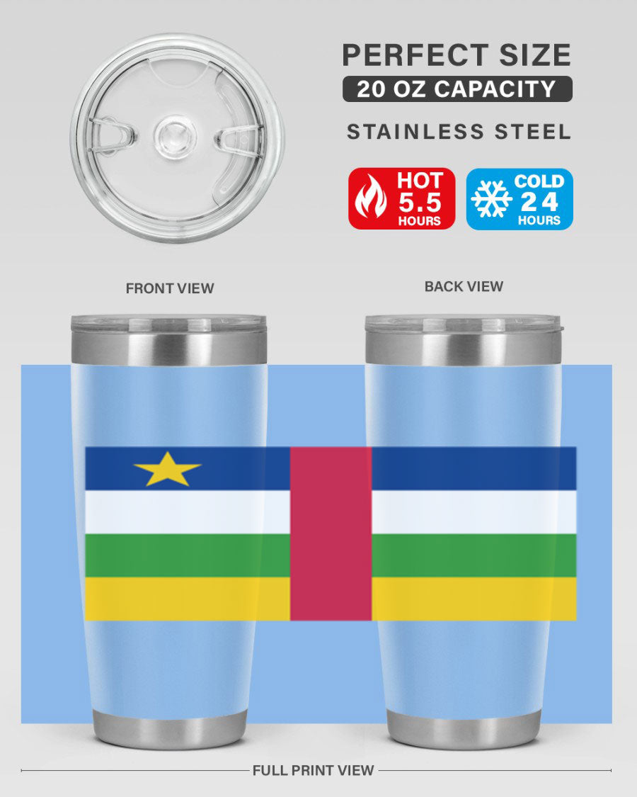 Central African Republic 20oz tumbler featuring double wall vacuum stainless steel design with a vibrant flag print.