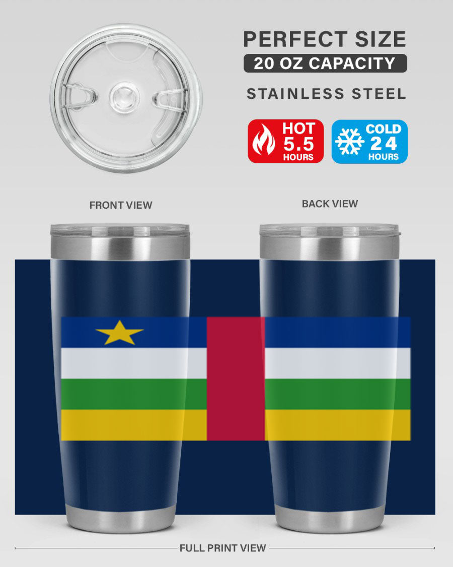 Central African Republic 20oz tumbler featuring double wall vacuum stainless steel design with a vibrant flag print.
