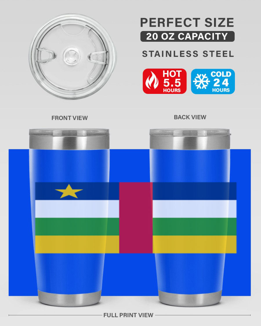 Central African Republic 20oz tumbler featuring double wall vacuum stainless steel design with a vibrant flag print.