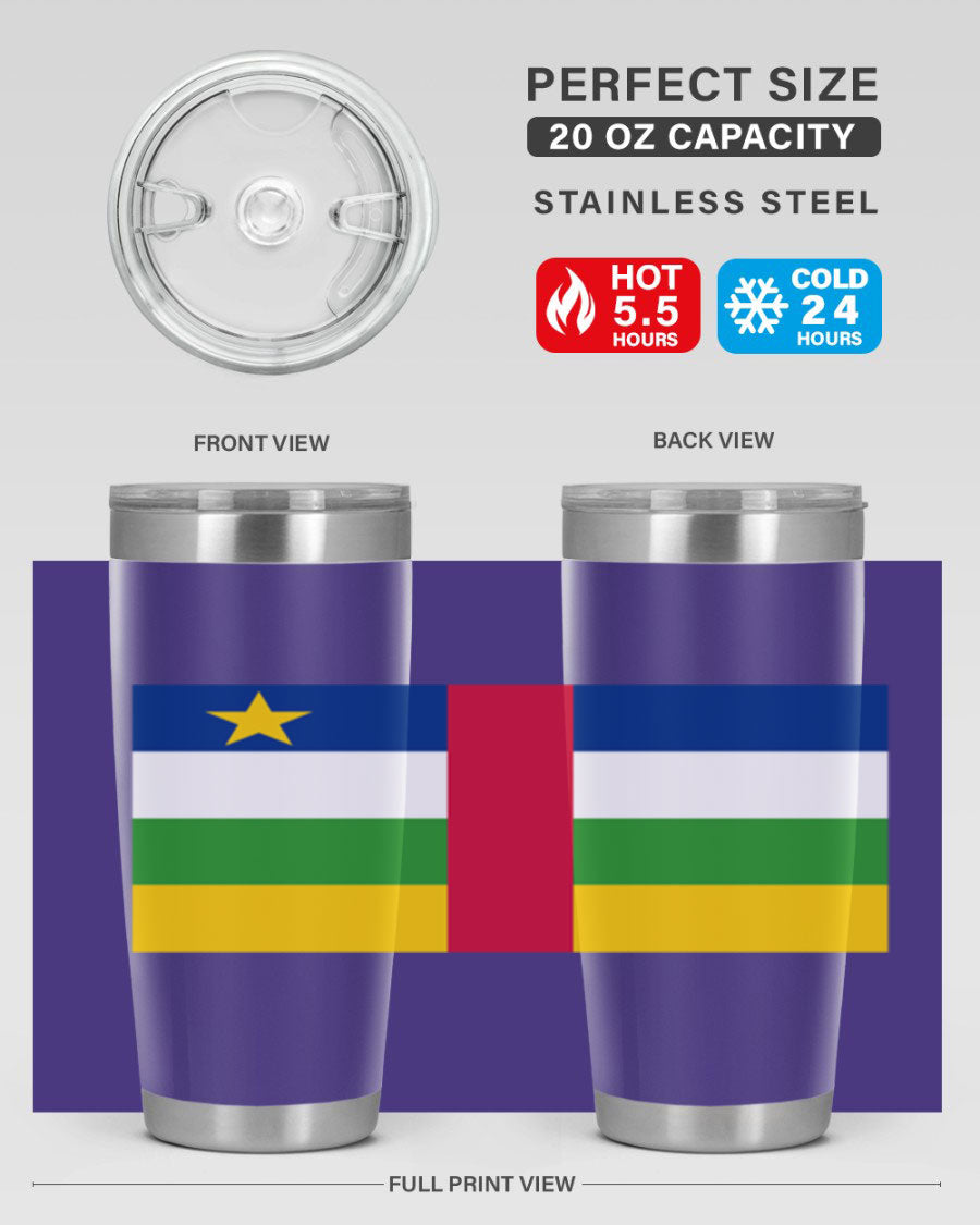 Central African Republic 20oz tumbler featuring double wall vacuum stainless steel design with a vibrant flag print.