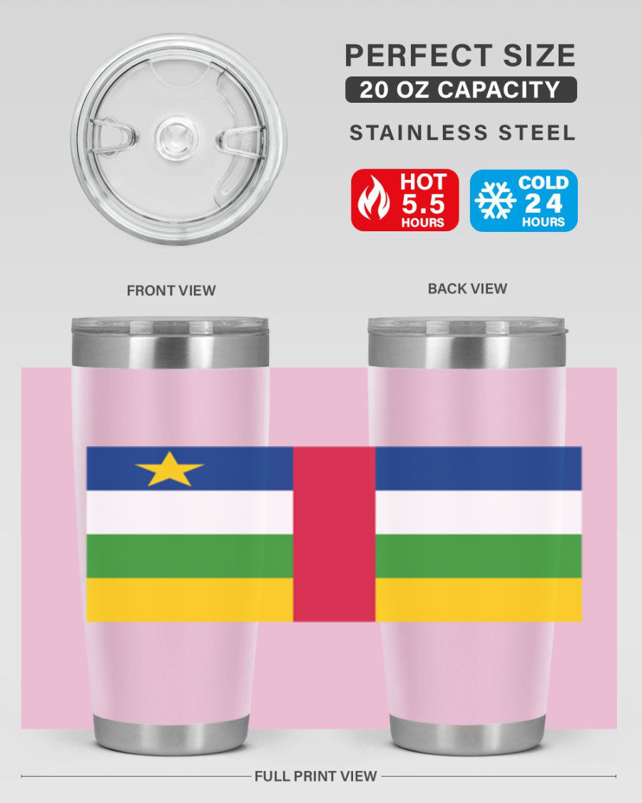 Central African Republic 20oz tumbler featuring double wall vacuum stainless steel design with a vibrant flag print.