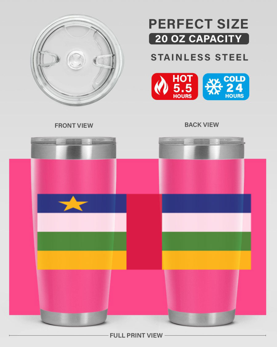 Central African Republic 20oz tumbler featuring double wall vacuum stainless steel design with a vibrant flag print.