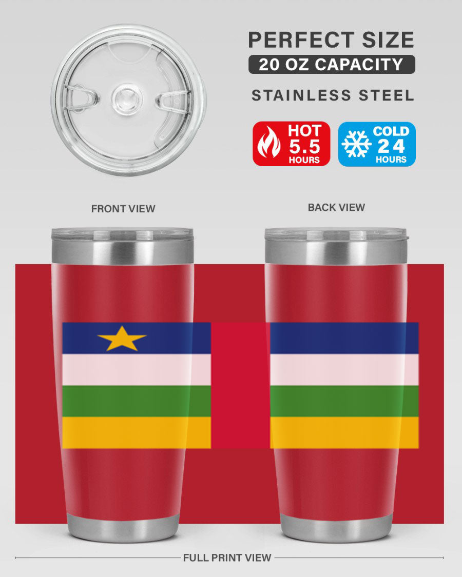 Central African Republic 20oz tumbler featuring double wall vacuum stainless steel design with a vibrant flag print.