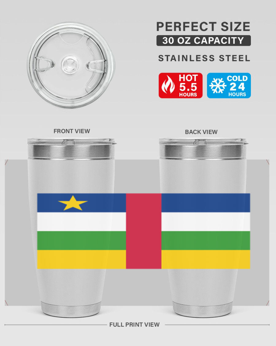 Central African Republic 20oz tumbler featuring double wall vacuum stainless steel design with a vibrant flag print.