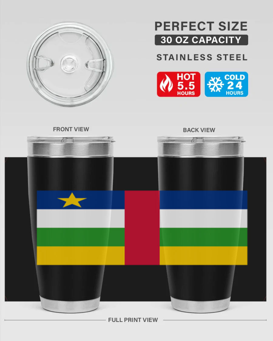 Central African Republic 20oz tumbler featuring double wall vacuum stainless steel design with a vibrant flag print.