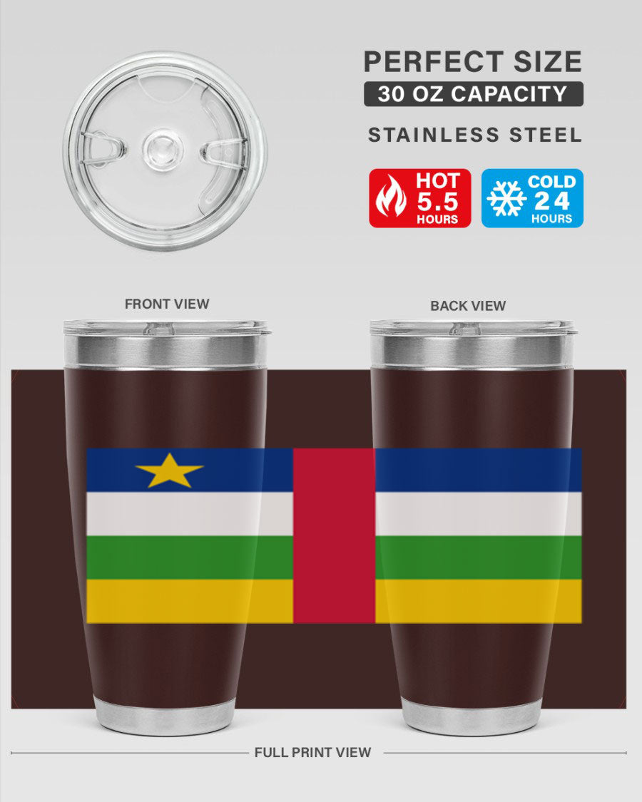 Central African Republic 20oz tumbler featuring double wall vacuum stainless steel design with a vibrant flag print.