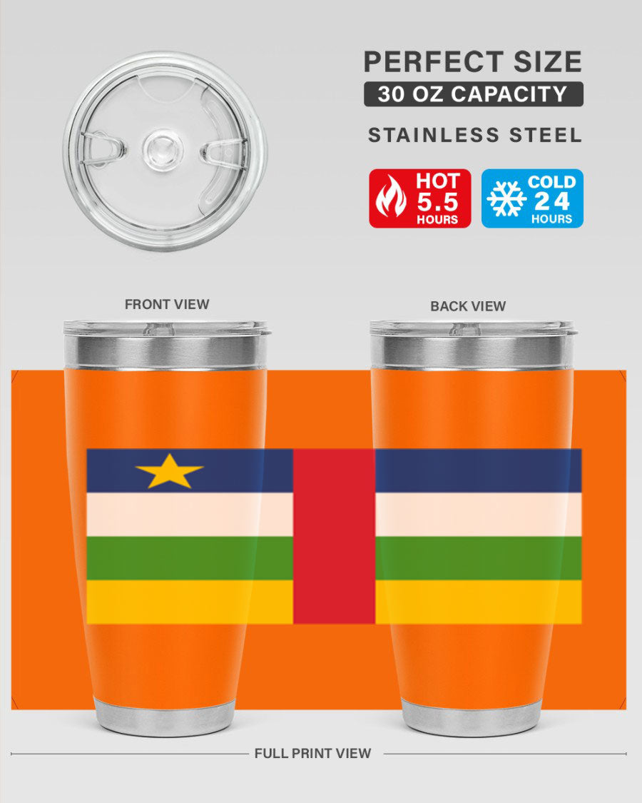 Central African Republic 20oz tumbler featuring double wall vacuum stainless steel design with a vibrant flag print.
