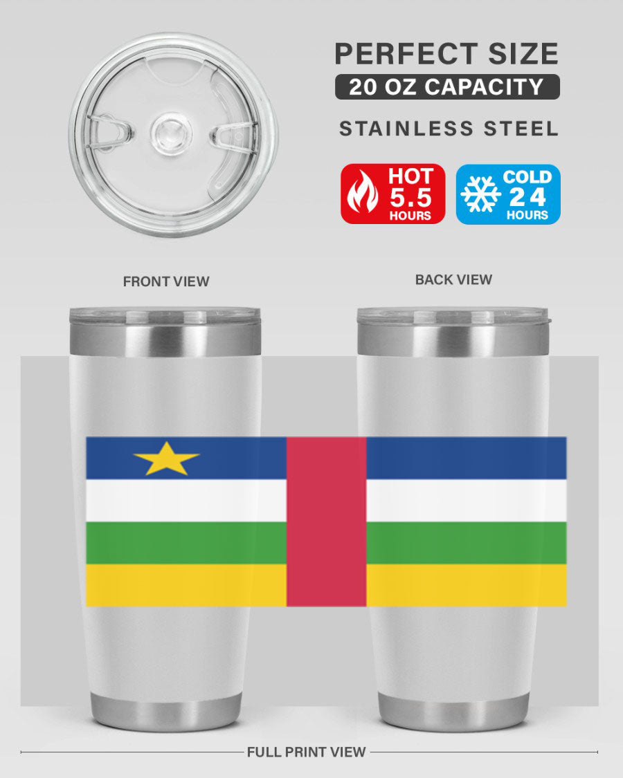 Central African Republic 20oz tumbler featuring double wall vacuum stainless steel design with a vibrant flag print.