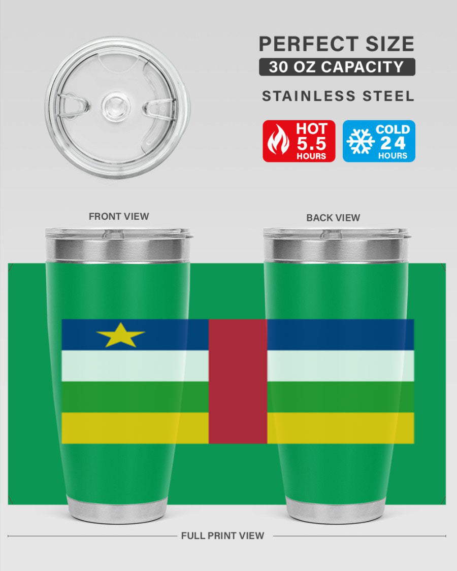 Central African Republic 20oz tumbler featuring double wall vacuum stainless steel design with a vibrant flag print.