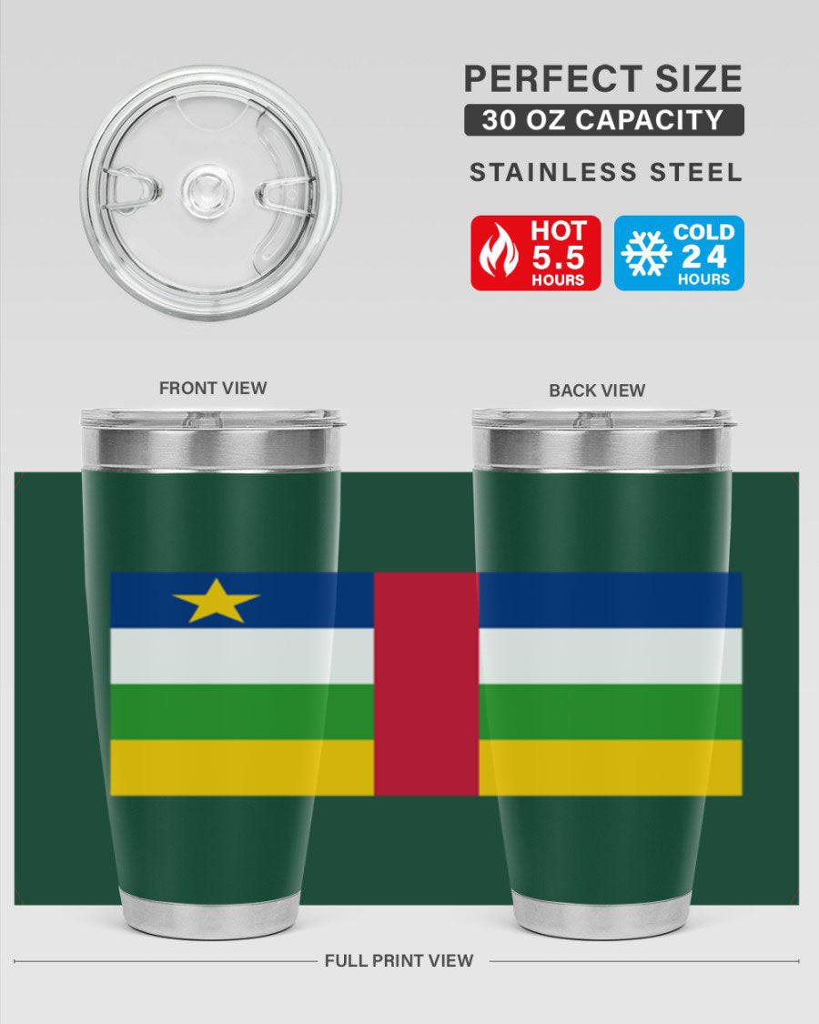 Central African Republic 20oz tumbler featuring double wall vacuum stainless steel design with a vibrant flag print.