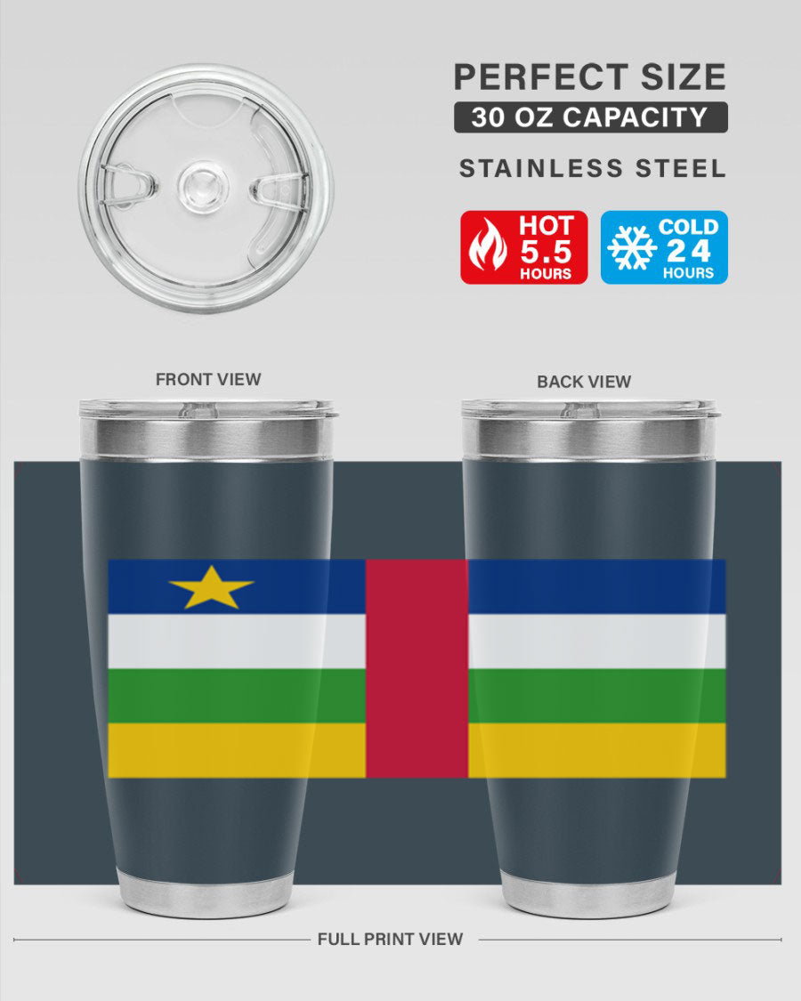 Central African Republic 20oz tumbler featuring double wall vacuum stainless steel design with a vibrant flag print.
