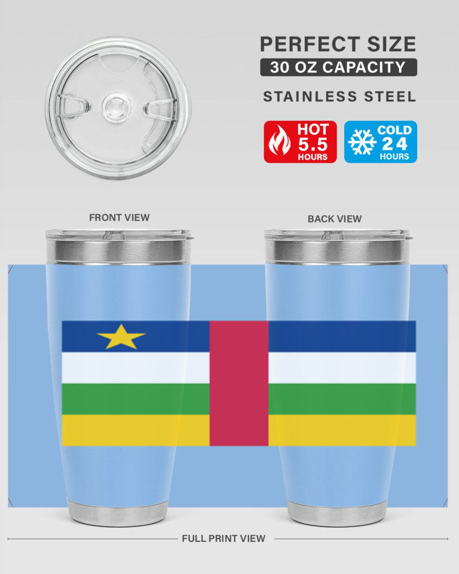 Central African Republic 20oz tumbler featuring double wall vacuum stainless steel design with a vibrant flag print.