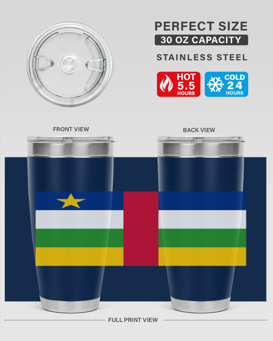 Central African Republic 20oz tumbler featuring double wall vacuum stainless steel design with a vibrant flag print.