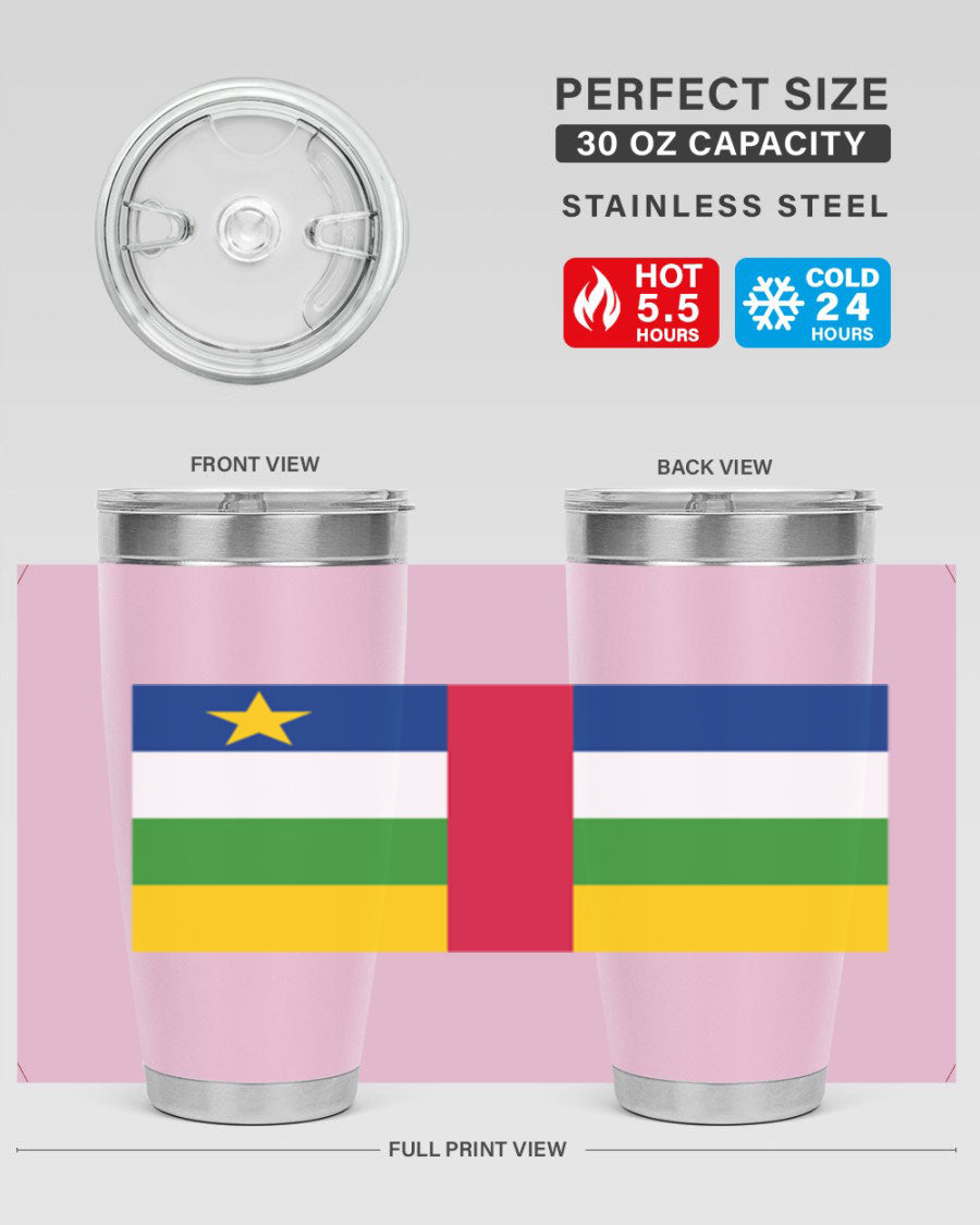 Central African Republic 20oz tumbler featuring double wall vacuum stainless steel design with a vibrant flag print.