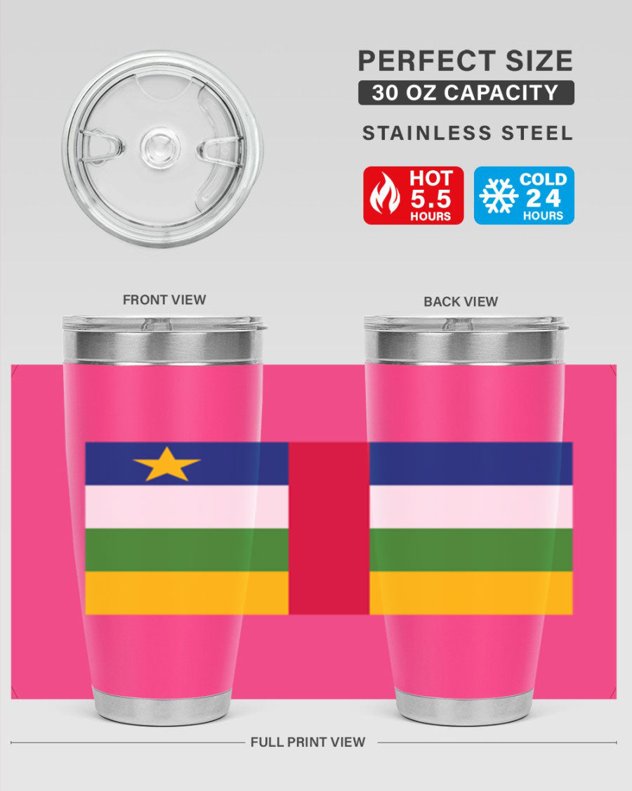 Central African Republic 20oz tumbler featuring double wall vacuum stainless steel design with a vibrant flag print.