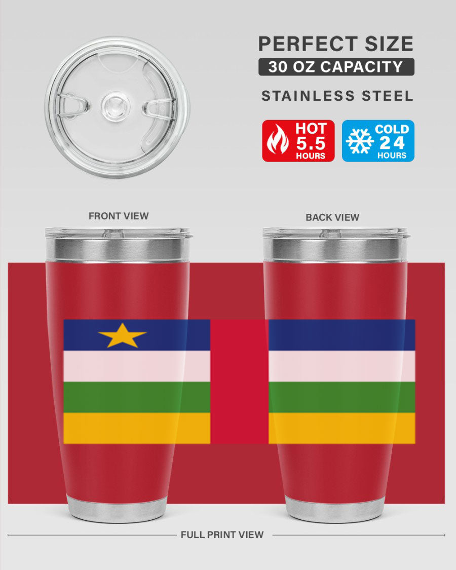 Central African Republic 20oz tumbler featuring double wall vacuum stainless steel design with a vibrant flag print.