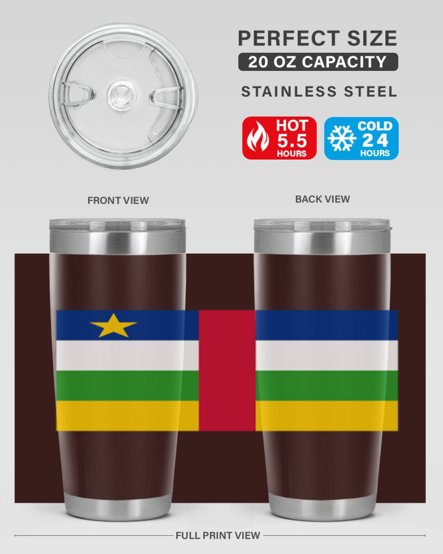 Central African Republic 20oz tumbler featuring double wall vacuum stainless steel design with a vibrant flag print.