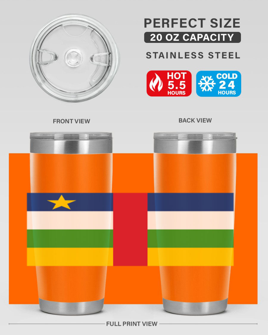 Central African Republic 20oz tumbler featuring double wall vacuum stainless steel design with a vibrant flag print.
