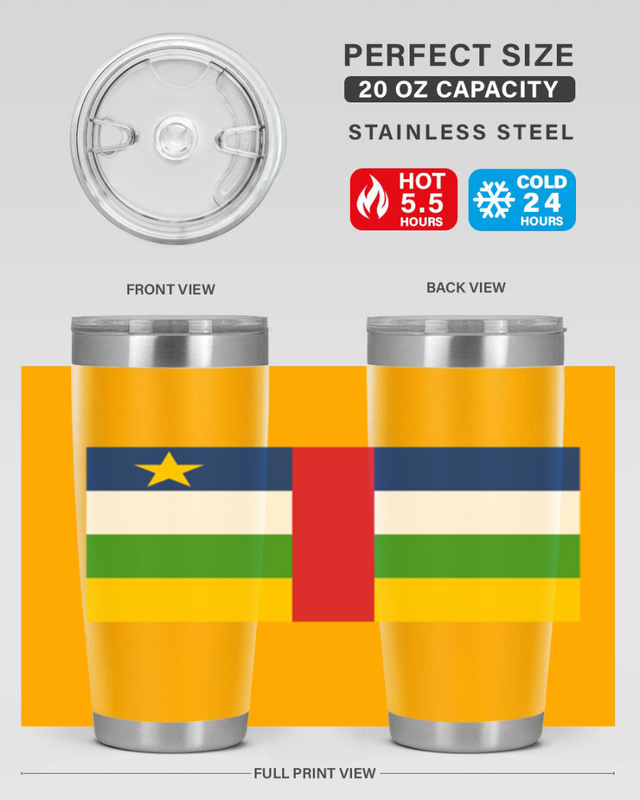 Central African Republic 20oz tumbler featuring double wall vacuum stainless steel design with a vibrant flag print.