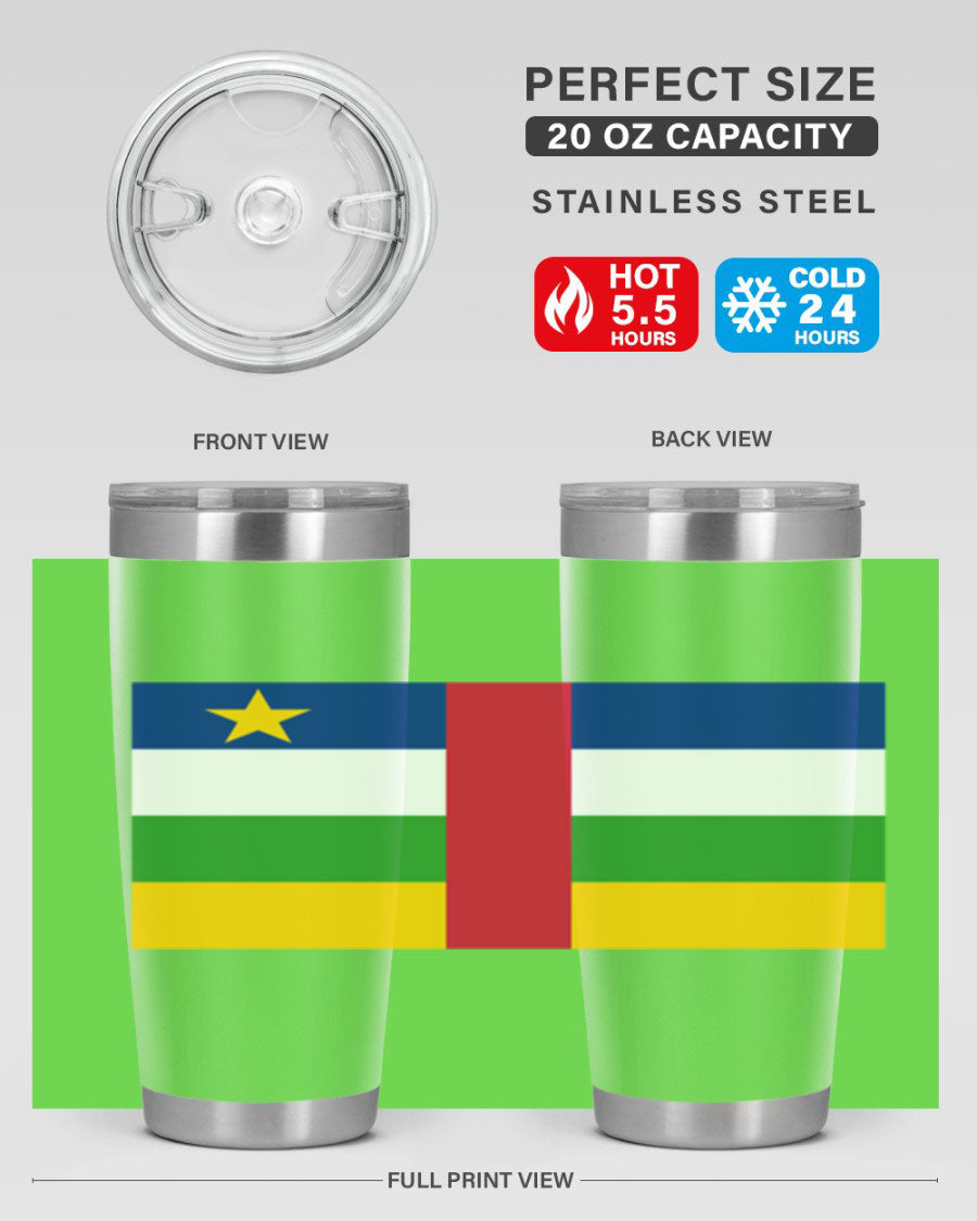Central African Republic 20oz tumbler featuring double wall vacuum stainless steel design with a vibrant flag print.