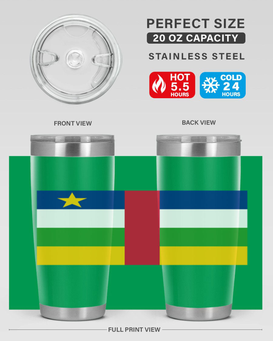 Central African Republic 20oz tumbler featuring double wall vacuum stainless steel design with a vibrant flag print.