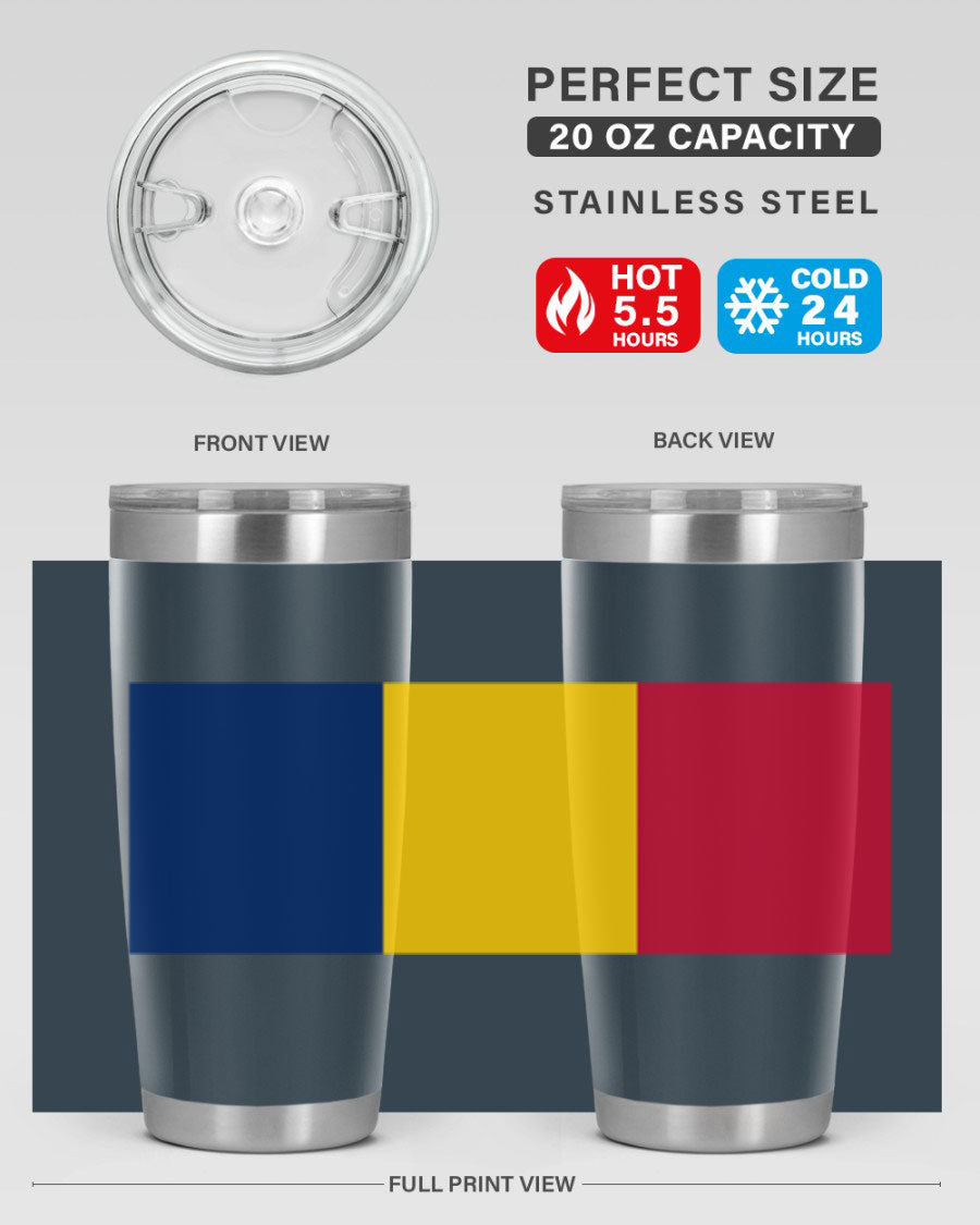 Chad 164# Tumbler featuring a vibrant flag design, made of stainless steel with a copper lining, ideal for hot and cold beverages.