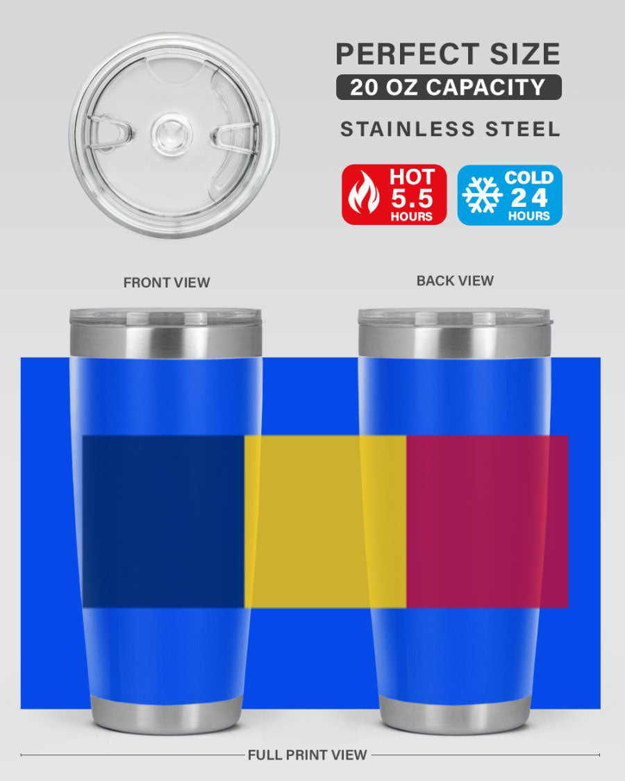 Chad 164# Tumbler featuring a vibrant flag design, made of stainless steel with a copper lining, ideal for hot and cold beverages.